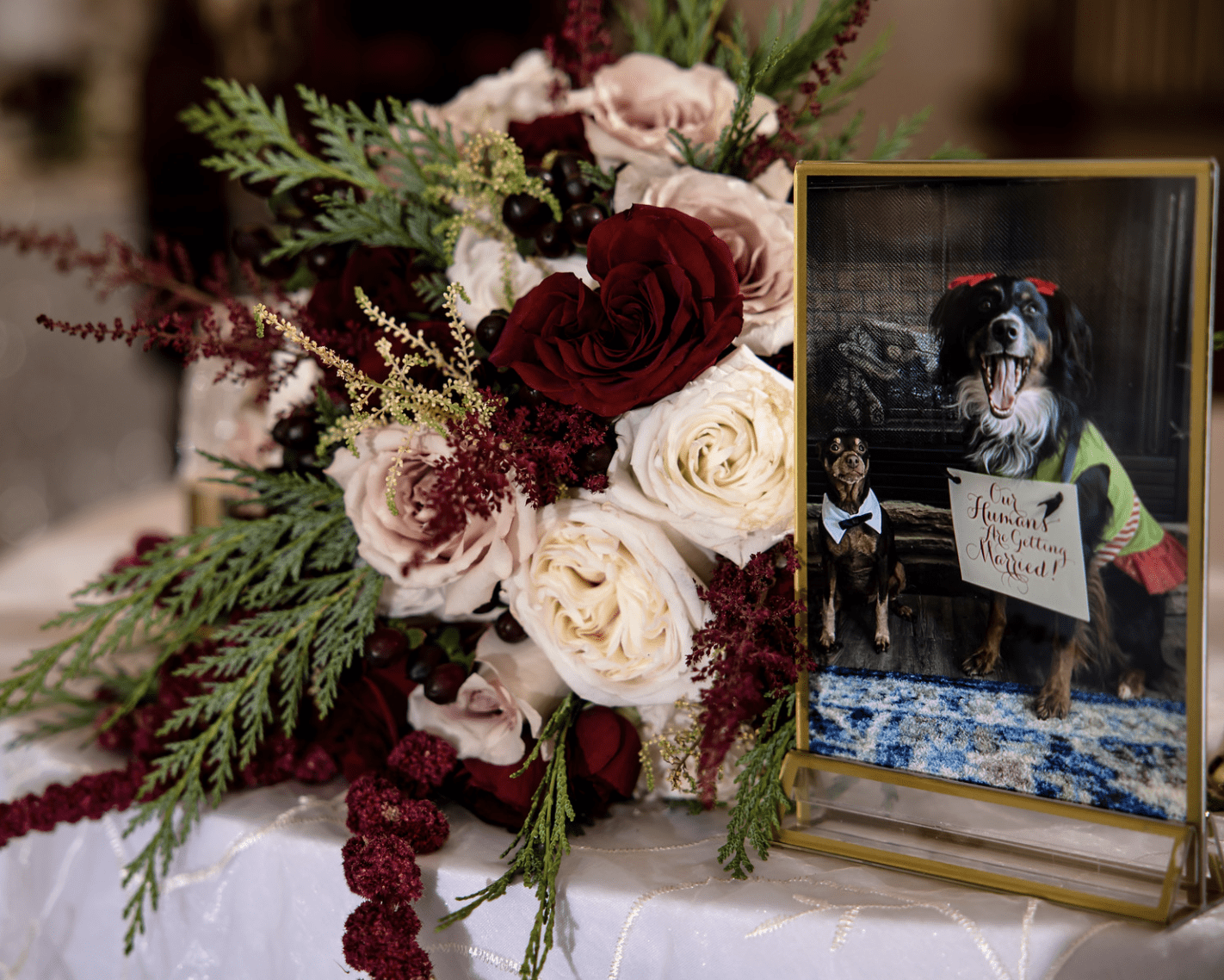 wedding photo of a dog in a tuxedo framed by a whimsical floral arrangement