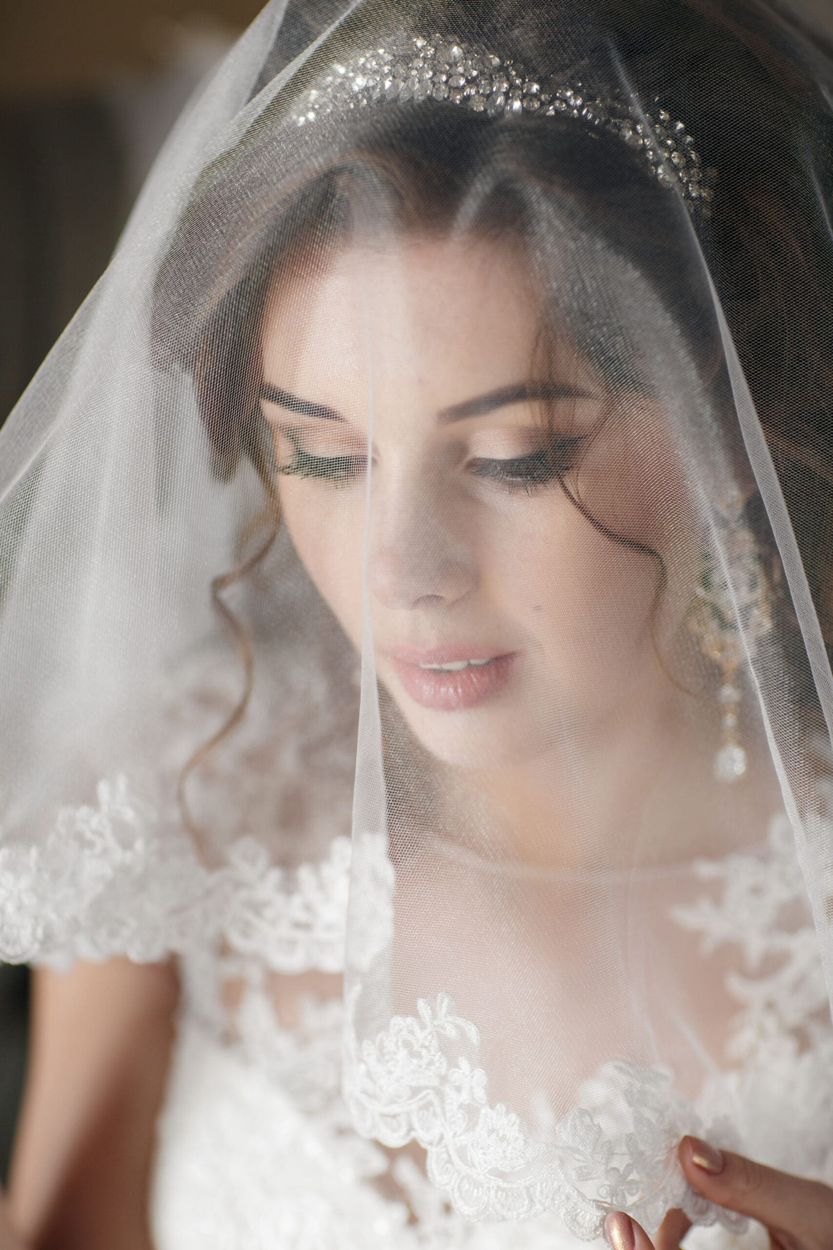 Bride wearing a lace-trimmed wedding veil over her face, standing indoors with soft natural light<br />
